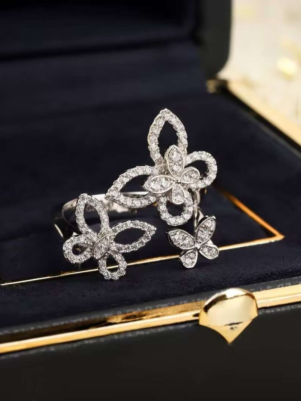 Silver Crystal Butterfly Trio Ring - Women's Elegant Ring